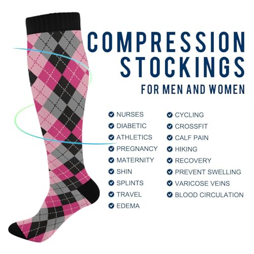 JUNZAN Buffalo Plaid Red Black Knee High Socks Compression Socks for Women Men Kid for Running Sports Nurse - color: Argyle Plaid Pink Black