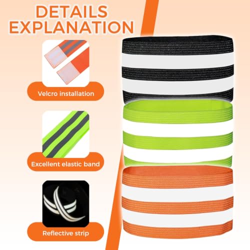 3 Pairs Reflective Bands for Walking at Night, High Visibility Safety Reflector Arm/Wrist/Ankle Straps for Runners, Cyclists, Night Running, Jogging & Outdoor Work (Black, Green, Orange)