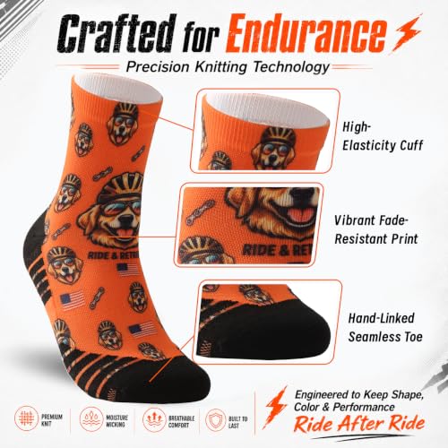 NIcool Cycling Socks For Men, 1/3 Pairs Bright Seamless Compression Running Crew Socks Youth Cushioned Tennis Quarter Socks - color: 1 Pair Bright Orange/Dog Print