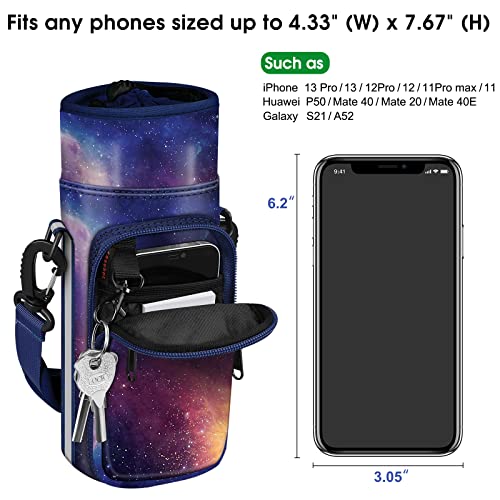 CaseBot Water Bottle Carrier Bag Sling Case, Sports Water Bottle Pouch Holder Sleeve with Adjustable Shoulder Hand Strap and 2 Pockets for Men Women Hiking Camping Travelling - color: Galaxy