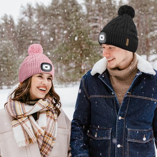 Etsfmoa Winter Hat with Light,Fleece Lined Knit Beanie,Pompom Hat for Women - color: Black