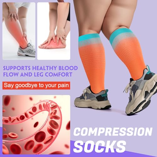 4 Pairs Plus Size Compression Socks,Extra Wide Calf 20-30 mmHg Knee High Compression Socks for Men Women Circulation - color: 07-hot Pink, size: 3X-Large