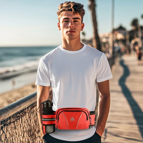 Fanny Pack for Men Women Waist Bag with Water Bottle Holder for Hiking, Travel,Dog Walking, Workout (Red) - color: Red