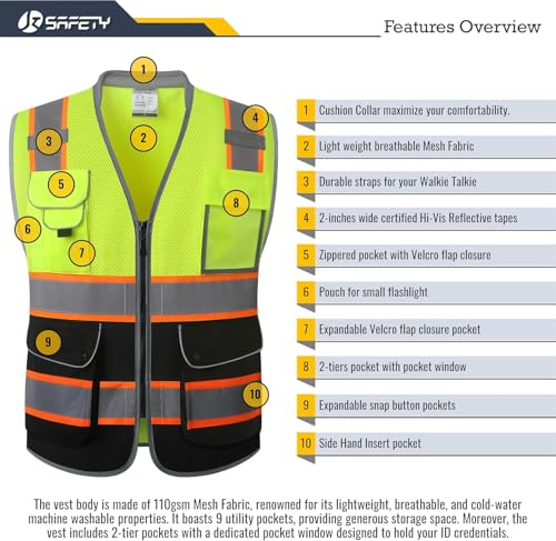 JKSafety Hi Vis Safety Vest for Men Women Cushioned Collar JK101 YBlack S - color: Jk101-yellowblack, size: Small