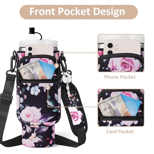 AceTreker Water Bottle Carrier Bag with Strap for Stanley 40/30 oz Tumbler Neoprene Insulated Cup Holder Sleeve with Phone Pocket & Straw Cover for Stanley Cup Accessories - color: 02-Black Flower, style: 40 Oz