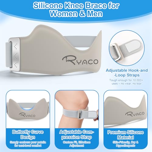 RYACO Patellar Tendon Support Strap 2 Pack, Silicone Patella Band for Knee Pain Relief, Adjustable Knee Brace for Women Men, Non-Slip Knee Support Knee Bands for Basketball Tendonitis Running Soccer Gym