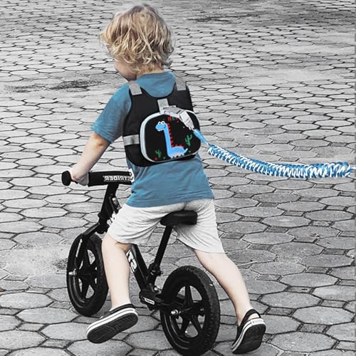 Accmor Toddler Harness Leash+ Reflective Anti Lost Wrist Link, Cute Dinosaur Kids Harness with Leash, Foldable Child Harness Baby Leash Boys Walking Wristband Assistant Belt for Outdoor Travel - color: Black/Brachiosaurus