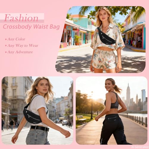 MAXTOP Large Crossbody Fanny Pack Belt Bag for Women Men with Silver Zipper - color: Black(Washed Nylon with Silver Metal Zipper), size: Large