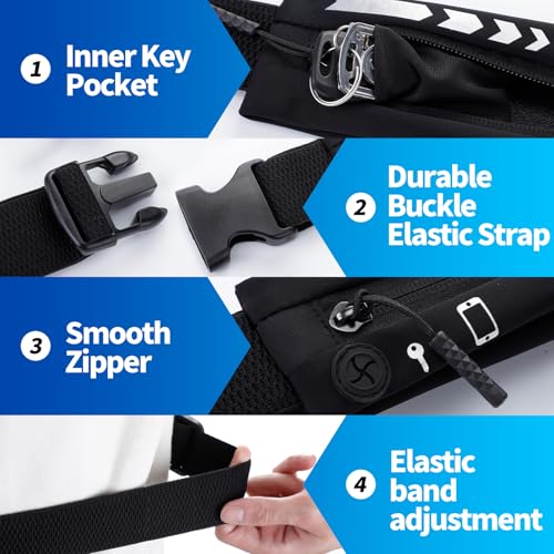 USHAKE Slim Running Belt Women Men, Bounce Free Fanny Pack Phone Holder - color: Black