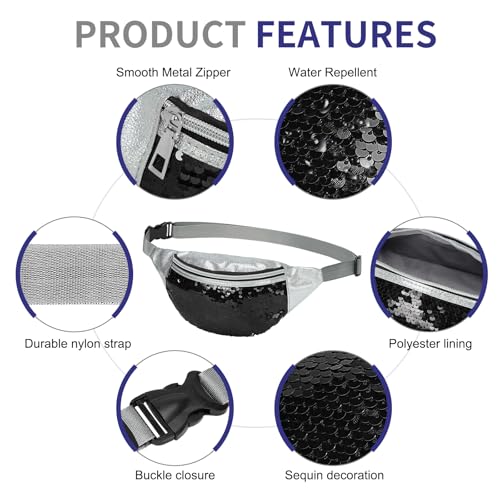Holographic Sequined Fanny Packs for Women, Waist Belt Bag Fashion, Crossbody Bum Bag for Running, Black - color: Black