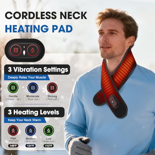 Cordless Neck Heating Pad for Pain, Neck Massager with 660nm 850nm Red Light, Neck Heating Pad for Pain Electric, Heated Neck Brace Wrap for Soreness Stiffness Pain Relief