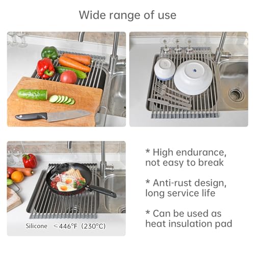 Large Expandable Roll Up Dish Drying Rack, Heat-Resistant Dish Drainer for Stainless Steel Sinks, Over The Sink Non-Slip Silicone Rollable Dish Drainer Roll Rack 18 Tube Gray 21.25''x12.79'' - size: Gray+Silver Tube