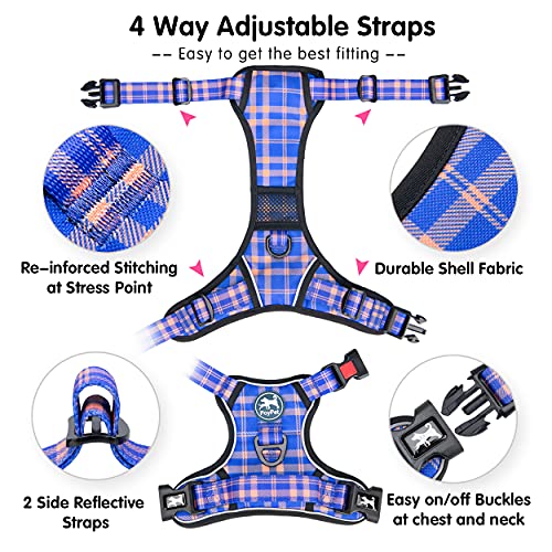 PoyPet Plaid Dog Harness Small, No Pull Vest with Front Clip & Neck Buckle - color: Checkered Blue & Orange, size: S