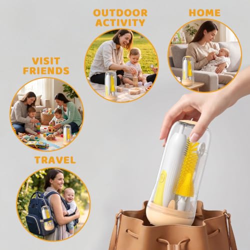Portable Electric Bottle Brush Cleaner with Storage Box, 4-in-1 Kit - color: Yellow