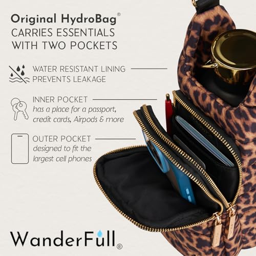 WanderFull® Original HydroBag®, Fits Up to 32 oz Water Bottle Holder with Strap, Gift for Women, Hands-Free Crossbody, Water Bottle Carrier Bag with Phone Pocket - color: Leopard Print