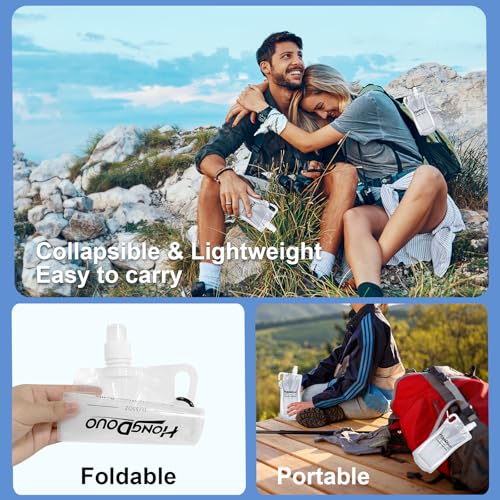 2 Pack Collapsible Water Bottles, 1L Hiking Water Flasks (2L Total) - 33oz BPA-Free Reusable Drink Bags With Carabiners and Handles, Squeeze Water through a Filter or Use as Water Bottles