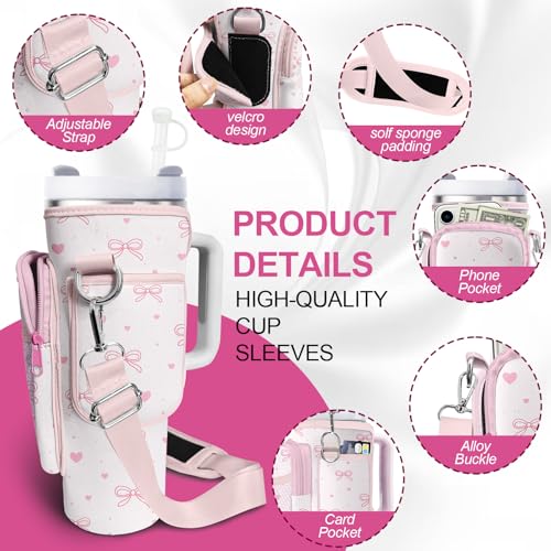 Water Bottle Carrier Bag for Stanley Cup 40oz/30oz with Phone Pocket, Neoprene Water Bottle Holder with Adjustable Shoulder & Handle Strap, Stanley Cup Accessories for Walking Travel Gym - color: Pink Bow