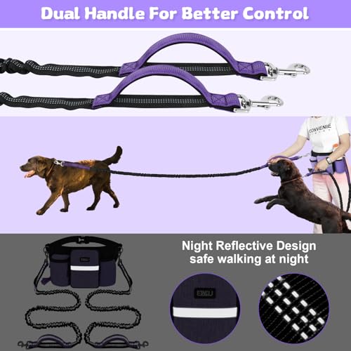 ETACCU Heavy Duty Hands Free Dog Leash with Zipper Pouch for Two Dogs, Waist Belt for Large Medium Dogs for Running, Walking, Jogging and Hiking, Dual Padded Handles and Durable Bungee (2 Dog Purple) - color: 2 Dog Purple