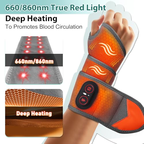 Cordless Wrist Heating Pad with Massage, Red Light Heated Wrist Brace for Pain Relief, Rechargeable Heated Wrist Brace for Carpal Tunnel, Women and Men Wrist, Hand, Arm, Ankle