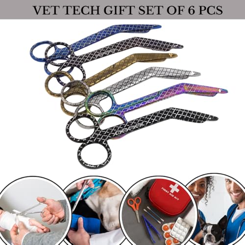 Bandage Scissors 5.5" Long Set of 6 Nurse Vet Tech Gift Made of Stainless Steel with Colorful Patterns First Aid Used For Cutting Gauze Tape Clothing Bandages Vet Wrap Adhesive Removal (Set 13) - style: Set 13