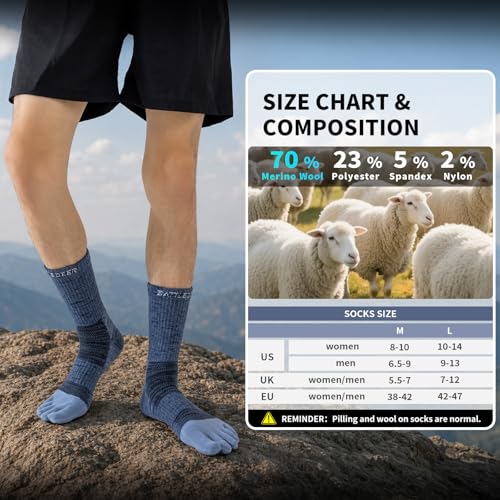 Merino Wool Toe Socks,Hiking Running Crew Socks for Women Men - color: Blue, size: Medium