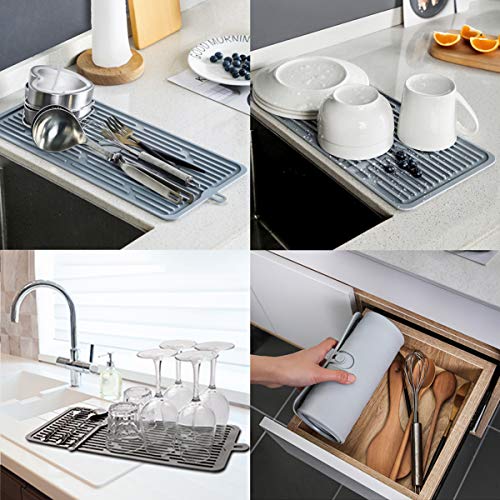 Dish Mat Silicone Dish Drying Mats Works For Drying Stemware Cocktail Glasses Silverware Pots Pans Knives and Dish Rack for Kitchen Counter Sink Bar Pads Easy to Clean (Gray) - color: M+ (15.3" x 7.8") Grey