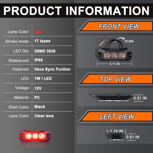 3-LED Red Emergency Strobe Lights Sync Feature 2PCS