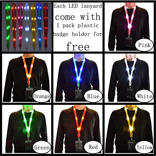 LED Light Up Flashing Cruise Lanyards Keychain Key Holder Neck Straps Christmas Necklace - color: Red - (7 Pack With 7 Pack Plastic Badge Holder)