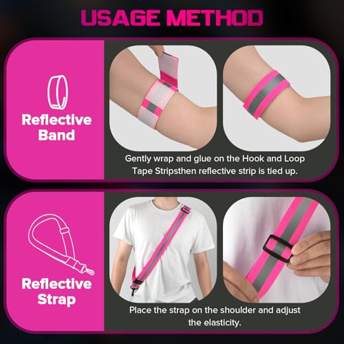 Reflective Sash for Night Walking, High Visibility Running Safety Gear with 2Pcs Reflective Armbands, Adjustable Cross-Body Reflective Belt for Men Women Kids, Essential Gear for Jogging Dog Walking - color: pink