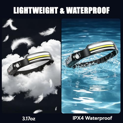 Headlamp Rechargeable 8-Pack，LED Head Torch with 8 Light Modes (White/Yellow/Red + Spotlight), Motion Sensor & Hands-Free Headband, USB Rechargeable for Camping, Running & Repairs, Fishing, Cycling