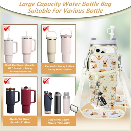Water Bottle Carrier Bag for Stanley 40/30oz Cup Tumbler with Phone Pocket,Insulated Crossbody Water Bottle Holder with Adjustable Strap,Water Bottle Sling Pouch for Hiking Walking Camping Accessories - color: French Bulldog Dog