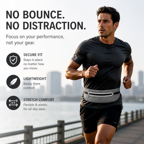 Slim No-Bounce Running Belt - Waterproof Exercise Waist Pack for Marathons, Hiking & Dog Walking - Hidden Travel Money Belt for Phones - color: Light Gray