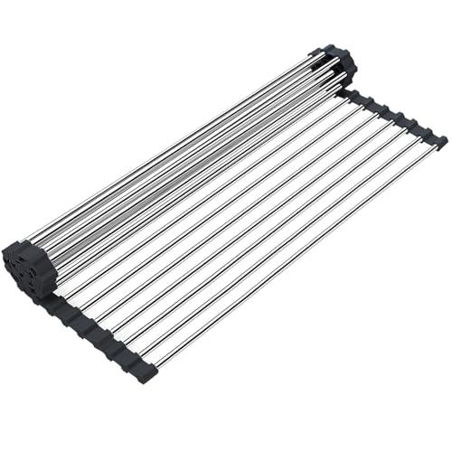 Searik Dish Drying Rack Roll Up Sink Drying Rack, Over The Sink Dish Rack Multi-Use Stainless Steel Dish Drainers Heat Resistant Mat for Drying Draining Trivet (17.7"x13.8") - color: Black, size: 17.7"x13.8"