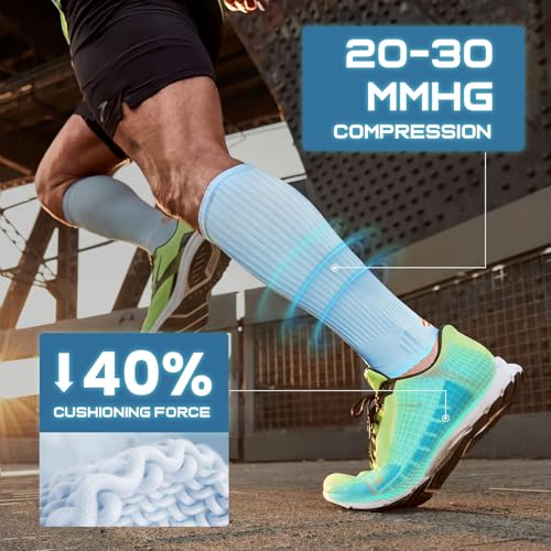 Rahhint Coolmax 20-30 mmHg Compression Running Socks, Long Distance Anti Blister Cushion Moisture Wicking Tall Athletic Socks