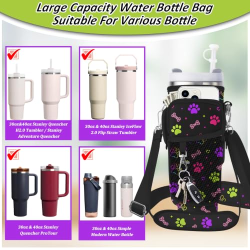 Water Bottle Carrier Bag for Stanley 40/30oz Cup Tumbler with Phone Pocket,Insulated Crossbody Water Bottle Holder with Adjustable Strap,Water Bottle Sling Pouch for Hiking Walking Camping Accessories - color: Neon Dog Paw Leopard Bone