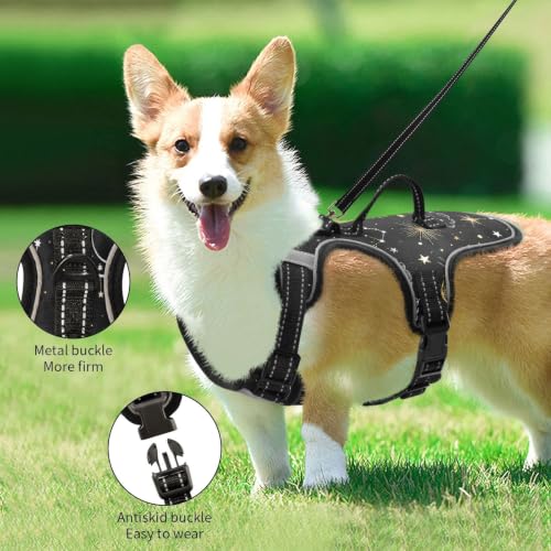 Yellow Stars and White Moon Dog/Cat Harness, Reflective No-Pull Pet Harness with 2 Leash Clips, Fully Adjustable Soft Padded Dog Vest, No-Choke Pet Oxford Vest - color: Yellow Stars And White Moon, size: S