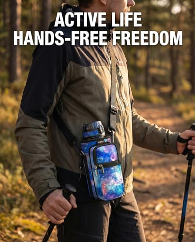 AUPET Water Bottle Sling Bag Sleeve Holder Carrier 25/32/40/64 oz,Insulated Crossbody Water Bottle Case Cover with Strap and Pockets for Men/Women Walking Hiking - color: blue starry sky, size: 32oz