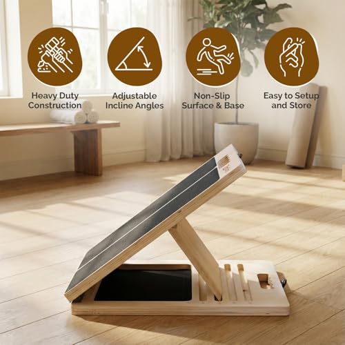 Portable Wooden Slant Board for Calf Stretching with Resistance Bands
