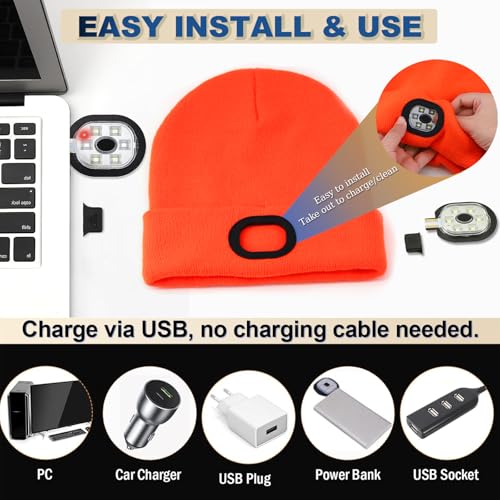 Beanie with Light, Unisex Hat with Light, 3 Modes Rechargeable Headlamp Beanie, Removable LED Flashlight Hat for Running, Camping, Hunting, Cycling, Night Activities, Gifts for Men & Women (Orange)