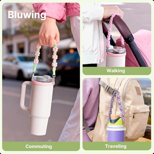 Water Bottle Handle Strap for Stanley Cup, Owala and Most 12-40oz Bottles - color: Daisy Black