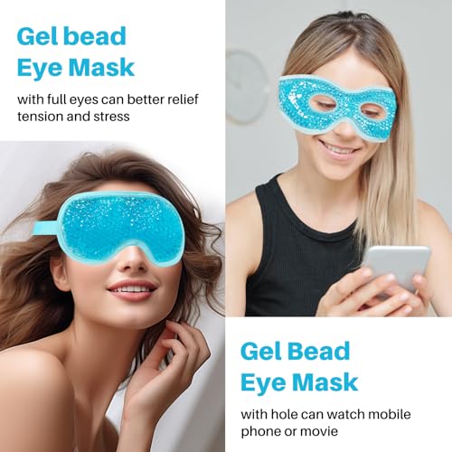 Cooling Eye Mask with Gel Bead 2 Pack Gel Eye Mask Cold Eye Mask for Relaxtion,Puffy Eyes Reusable Cold & Warm Compress for Puffiness,Dry Eyes,Headaches,Migraines,Stress Relief,Post Surgery - color: Blue-full&hole