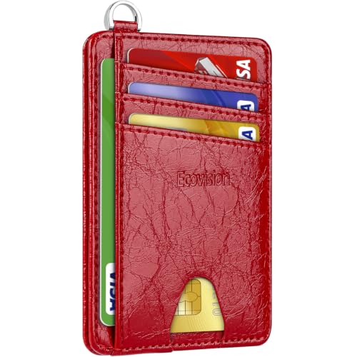 Slim Minimalist Front Pocket Wallet, RFID Blocking Credit Card Holder Wallet with Integrated D-Shackle for Men Women - color: Glossy Red