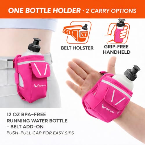 2-in-1 Running Fun: Handheld 12 Oz Water Bottle & Running Belt Add-On. No-Grip Design Straps on Hand & Slides on Belt. Waterproof Pocket for Money, Keys. Maximize Time, Freedom & Health - color: Hot Pink