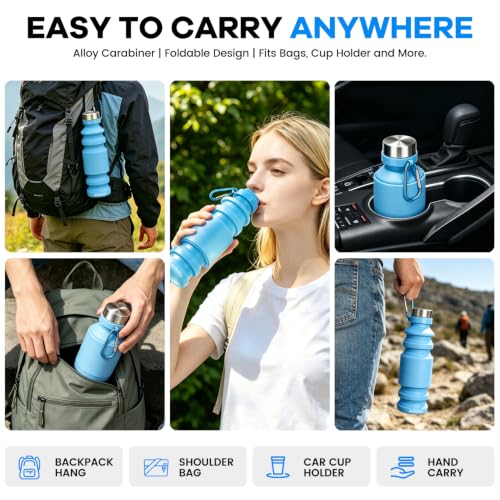 Nefeeko Collapsible Water Bottle, Reuseable BPA Free Silicone Water Bottles - color: Blue-18oz