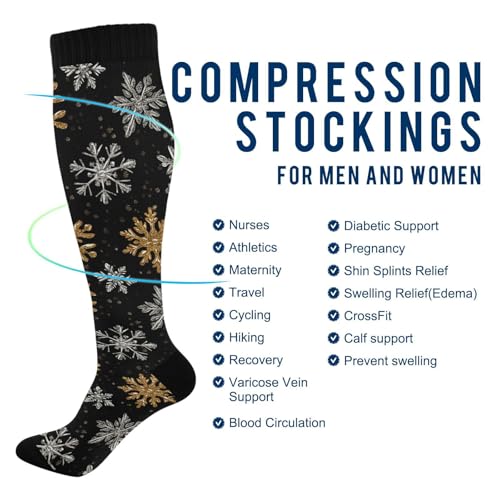 Snowflake Red Christmas Compression Sock for Women Men Funny Support Knee High Socks Running,Nurses,Travel - color: Gold Silver Snowflakes