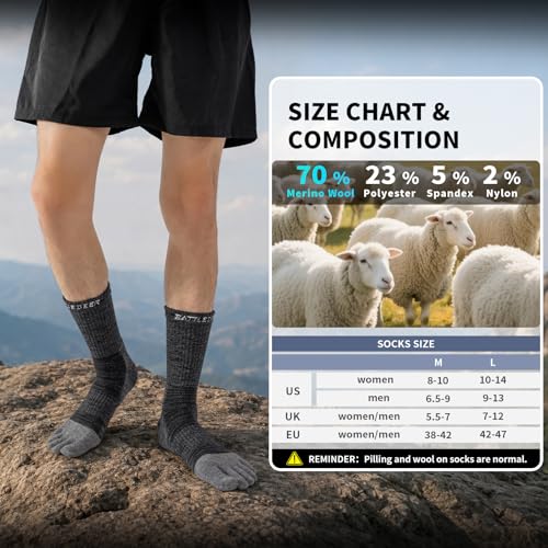 Merino Wool Toe Socks,Hiking Running Crew Socks for Women Men - color: Dark, size: Medium