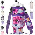 AceTreker Water Bottle Carrier Bag with Strap for Stanley 40/30 oz Tumbler Neoprene Insulated Cup Holder Sleeve with Phone Pocket & Straw Cover for Stanley Cup Accessories - color: 02-Purple Rose, style: 30 Oz