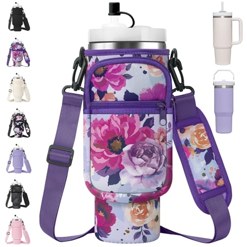 AceTreker Water Bottle Carrier Bag with Strap for Stanley 40/30 oz Tumbler Neoprene Insulated Cup Holder Sleeve with Phone Pocket & Straw Cover for Stanley Cup Accessories - color: 02-Purple Rose, style: 30 Oz