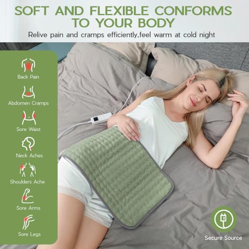 Heating Pad for Full Body Pain Relief 6 Heat Levels 4 Timers Soothes Back, Waist, Neck & Leg Aches Moist Machine Washable Holiday Wellness Gift - color: Green, size: 12'' x 24''