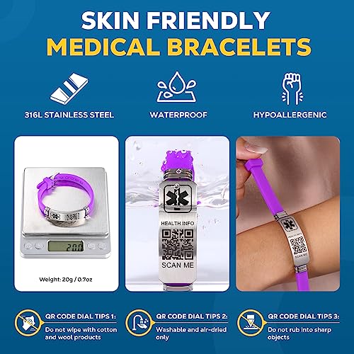 Medical Bracelets for Men Women with QR Code Medical Alert ID Bracelets - color: Violet Silver